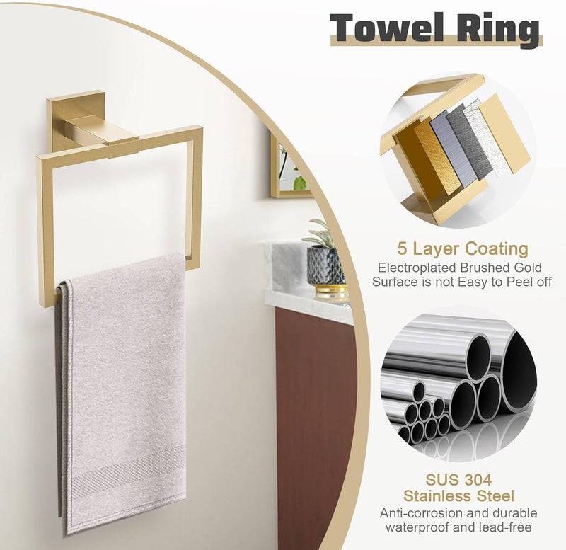 TNOMS 5-Piece Towel Bar Set Brushed Gold Bathroom Hardware Accessories Set Includes Upgraded Double Base Toilet Paper Holder,Modern Square Towel Holder Set Stainless Steel Wall Mount 23.6 Inch - Image 4